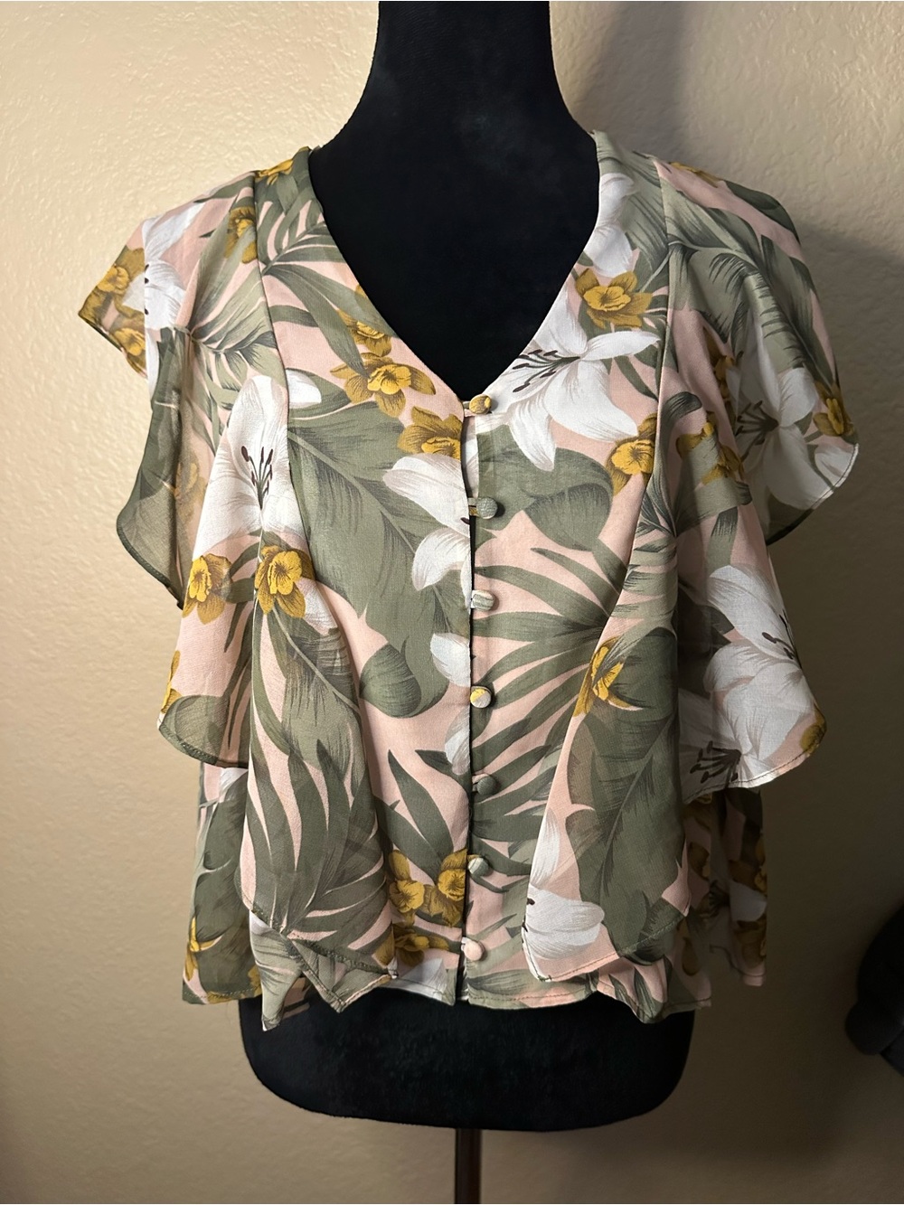 Mango Floral Flutter-Sleeve Blouse - Olive, Blush & White